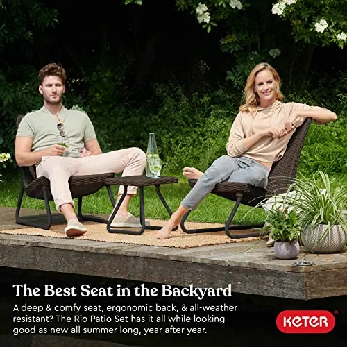 Keter Resin Wicker Patio Furniture Set with Side Table and Outdoor Chairs, Whiskey Brown