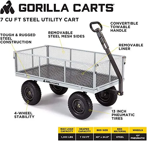 Gorilla Carts GOR1001-COM Heavy-Duty Steel Utility Cart with Removable Sides, 1000-lbs. Capacity, Gray