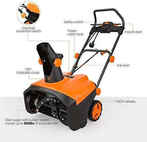 TACKLIFE Snow Blower, 15-Amp, Electric Snow Thrower, 20-in Working Width, 180°Chute Rotation, 30-FT Throwing Distance