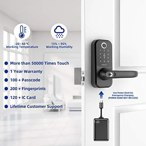 Smart Lock,SMONET Fingerprint Door Lock with Reversible Handle,Keyless Entry Bluetooth Lock ,Free APP,IC Card,Anti-peep Code,Work with Alexa (Need Extra Gateway),Smart Lever for Home,Office