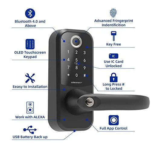 Smart Lock,SMONET Fingerprint Door Lock with Reversible Handle,Keyless Entry Bluetooth Lock ,Free APP,IC Card,Anti-peep Code,Work with Alexa (Need Extra Gateway),Smart Lever for Home,Office