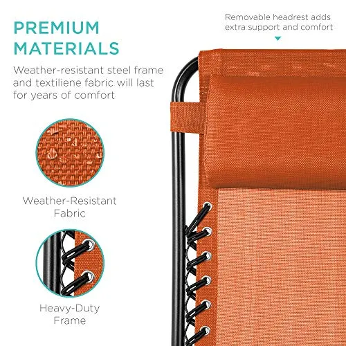Best Choice Products Set of 2 Adjustable Steel Mesh Zero Gravity Lounge Chair Recliners w/Pillows and Cup Holder Trays - Burnt Orange