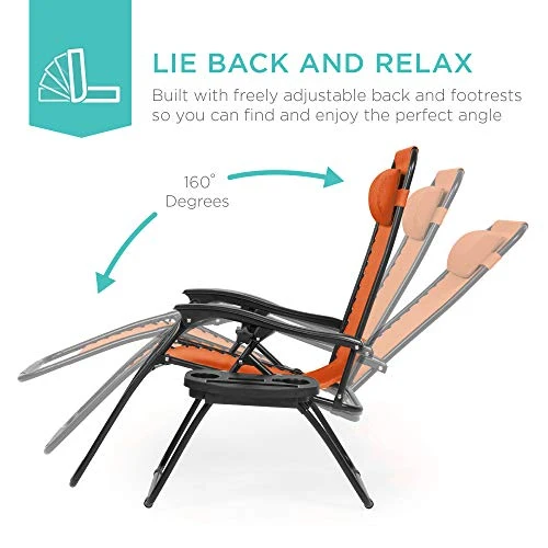 Best Choice Products Set of 2 Adjustable Steel Mesh Zero Gravity Lounge Chair Recliners w/Pillows and Cup Holder Trays - Burnt Orange