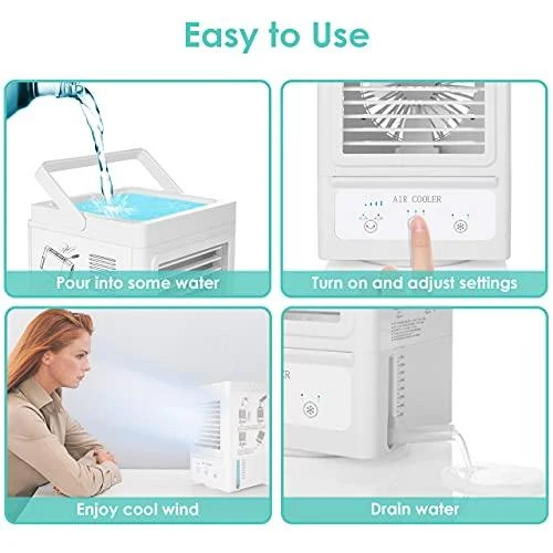 Portable Air Conditioner, 5000mAh Rechargeable Battery Auto Oscillation 700ml Water Tank Personal Mini Air Cooler with 3 Wind Speeds, 3 Cooling Levels, Perfect for Office Desk, Dorm, Bedroom and Outdoors