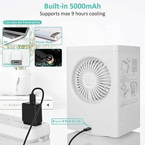 Portable Air Conditioner, 5000mAh Rechargeable Battery Auto Oscillation 700ml Water Tank Personal Mini Air Cooler with 3 Wind Speeds, 3 Cooling Levels, Perfect for Office Desk, Dorm, Bedroom and Outdoors