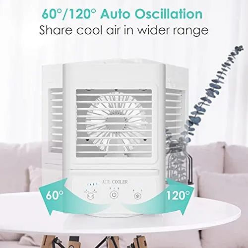 Portable Air Conditioner, 5000mAh Rechargeable Battery Auto Oscillation 700ml Water Tank Personal Mini Air Cooler with 3 Wind Speeds, 3 Cooling Levels, Perfect for Office Desk, Dorm, Bedroom and Outdoors