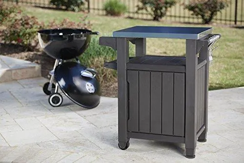 Keter Unity Portable Outdoor Table and Storage Cabinet with Hooks for Grill Accessories-Stainless Steel Top for Patio Kitchen Island or Bar Cart, Espresso Brown