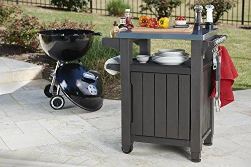 Keter Unity Portable Outdoor Table and Storage Cabinet with Hooks for Grill Accessories-Stainless Steel Top for Patio Kitchen Island or Bar Cart, Espresso Brown