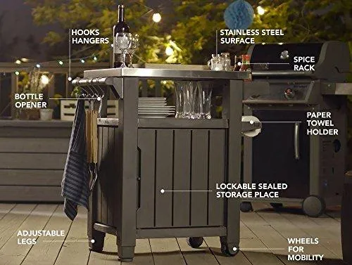 Keter Unity Portable Outdoor Table and Storage Cabinet with Hooks for Grill Accessories-Stainless Steel Top for Patio Kitchen Island or Bar Cart, Espresso Brown