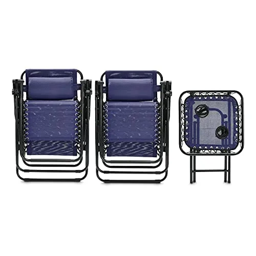 Amazon Basics Textilene Outdoor Adjustable Zero Gravity Folding Reclining Lounge Chair with Side table and Pillow - Pack of 2, Blue