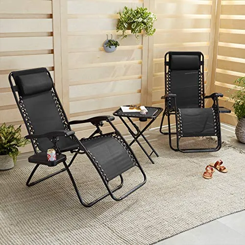 Amazon Basics Textilene Outdoor Adjustable Zero Gravity Folding Reclining Lounge Chair with Side table and Pillow - Pack of 2, Black