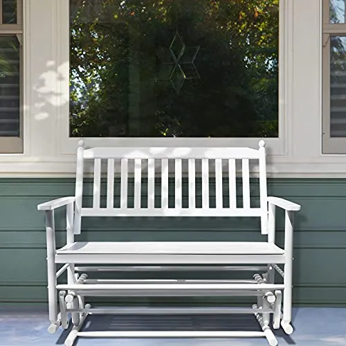 MUPATER Patio Glider Swing Bench Porch Loveseat Chair for Outdoor, 2-Person Wooden Garden Rocking Seating for Outside, White