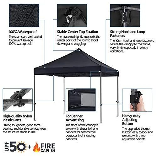 YAHEETECH 10x10 Pop up Canopy Tent - Heavy Duty Waterproof Adjustable Commercial Instant Canopy, Camping Canopy with Wheeled Bag, Canopy Sandbags x4, Tent Stakesx4 - Black