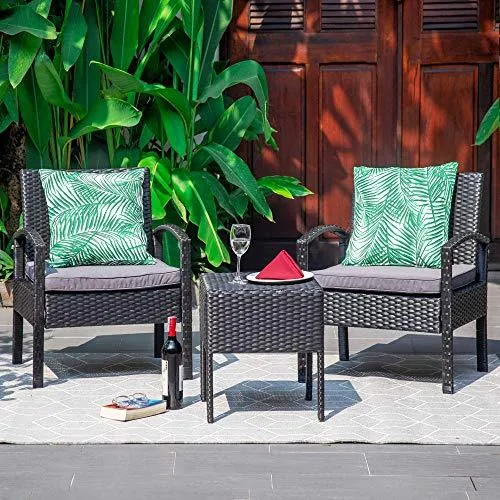 M&W 3 Pieces Patio Furniture Set, Wicker Outdoor Chairs and Coffee Table for Balcony, PE Rattan Bistro Table Set for Lawn, Garden, Backyard, Grey (Throw Pillow NOT Included)
