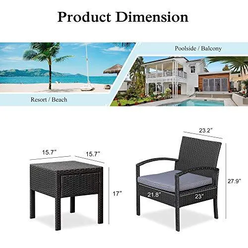 M&W 3 Pieces Patio Furniture Set, Wicker Outdoor Chairs and Coffee Table for Balcony, PE Rattan Bistro Table Set for Lawn, Garden, Backyard, Grey (Throw Pillow NOT Included)