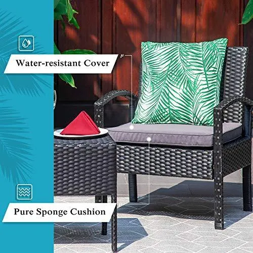 M&W 3 Pieces Patio Furniture Set, Wicker Outdoor Chairs and Coffee Table for Balcony, PE Rattan Bistro Table Set for Lawn, Garden, Backyard, Grey (Throw Pillow NOT Included)