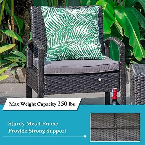 M&W 3 Pieces Patio Furniture Set, Wicker Outdoor Chairs and Coffee Table for Balcony, PE Rattan Bistro Table Set for Lawn, Garden, Backyard, Grey (Throw Pillow NOT Included)