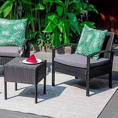 M&W 3 Pieces Patio Furniture Set, Wicker Outdoor Chairs and Coffee Table for Balcony, PE Rattan Bistro Table Set for Lawn, Garden, Backyard, Grey (Throw Pillow NOT Included)