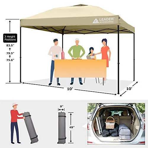 Leader Accessories Pop-Up Canopy Tent 10'x10' Canopy Instant Canopy Straight Leg Shelter with Wheeled Carry Bag, Beige