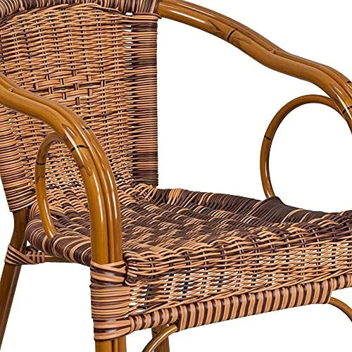 Flash Furniture Cadiz Series Dark Red Bamboo-Aluminum Indoor-Outdoor Restaurant-Patio Chair with Burning Brown Rattan