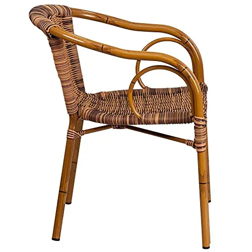 Flash Furniture Cadiz Series Dark Red Bamboo-Aluminum Indoor-Outdoor Restaurant-Patio Chair with Burning Brown Rattan