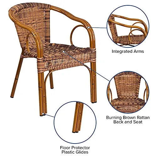 Flash Furniture Cadiz Series Dark Red Bamboo-Aluminum Indoor-Outdoor Restaurant-Patio Chair with Burning Brown Rattan