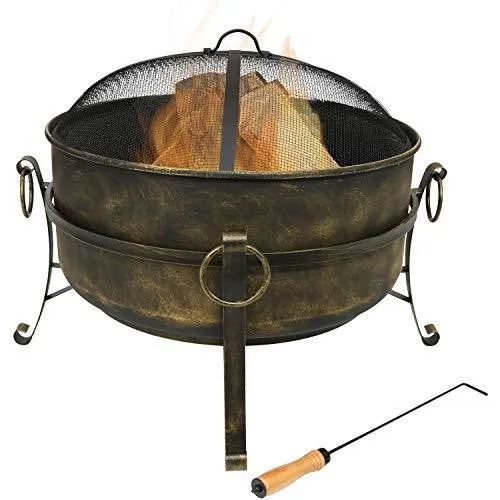 Sunnydaze Cauldron Outdoor Fire Pit - 24 Inch Deep Bonfire Wood Burning Patio & Backyard Firepit for Outside with Round Spark Screen, Fireplace Poker, and Metal Grate