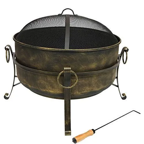 Sunnydaze Cauldron Outdoor Fire Pit - 24 Inch Deep Bonfire Wood Burning Patio & Backyard Firepit for Outside with Round Spark Screen, Fireplace Poker, and Metal Grate