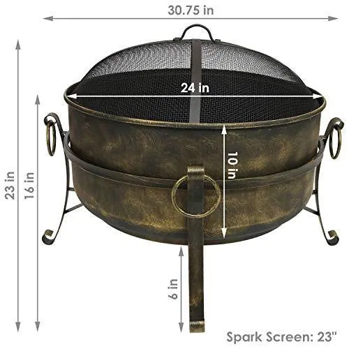 Sunnydaze Cauldron Outdoor Fire Pit - 24 Inch Deep Bonfire Wood Burning Patio & Backyard Firepit for Outside with Round Spark Screen, Fireplace Poker, and Metal Grate