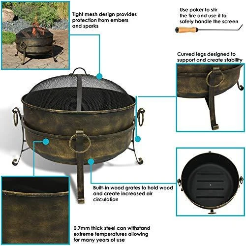 Sunnydaze Cauldron Outdoor Fire Pit - 24 Inch Deep Bonfire Wood Burning Patio & Backyard Firepit for Outside with Round Spark Screen, Fireplace Poker, and Metal Grate