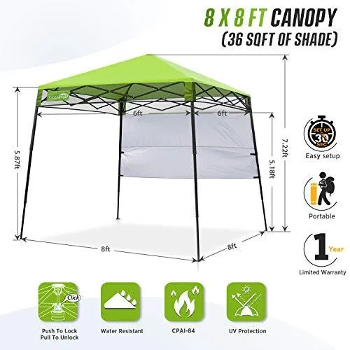EAGLE PEAK Day Tripper 8' x 8' Slant Leg Lightweight Compact Portable Canopy w/Backpack Easy One Person Set-up Folding Shelter 6' x 6' Top and 8' x 8' Base (Green)