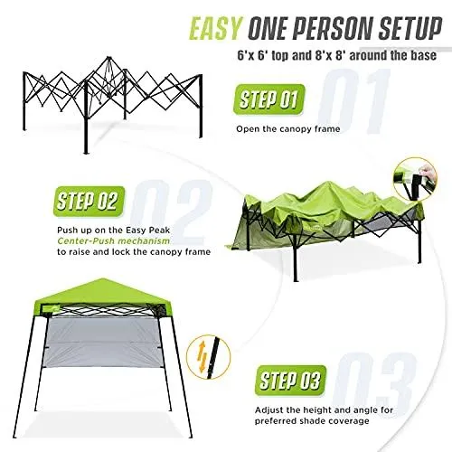EAGLE PEAK Day Tripper 8' x 8' Slant Leg Lightweight Compact Portable Canopy w/Backpack Easy One Person Set-up Folding Shelter 6' x 6' Top and 8' x 8' Base (Green)