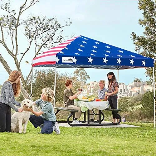 EAGLE PEAK 10’ x 10' Pop Up Canopy Tent Instant Outdoor Canopy Straight Leg Shelter with Adjustable Height and Wheeled Carrying Bag (American Flag)