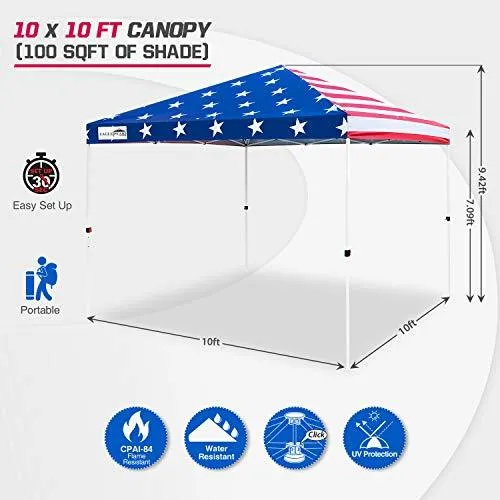EAGLE PEAK 10’ x 10' Pop Up Canopy Tent Instant Outdoor Canopy Straight Leg Shelter with Adjustable Height and Wheeled Carrying Bag (American Flag)