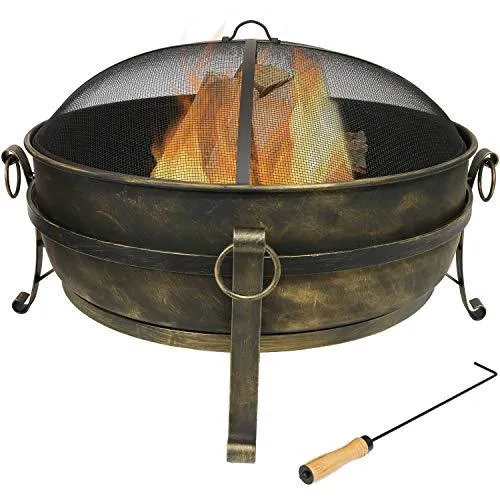 Sunnydaze Cauldron Outdoor Fire Pit - 34 Inch Large Bonfire Wood Burning Patio & Backyard Firepit for Outside with Round Spark Screen, Fireplace Poker, and Metal Grate