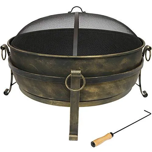 Sunnydaze Cauldron Outdoor Fire Pit - 34 Inch Large Bonfire Wood Burning Patio & Backyard Firepit for Outside with Round Spark Screen, Fireplace Poker, and Metal Grate