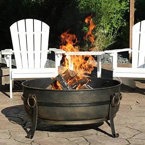 Sunnydaze Cauldron Outdoor Fire Pit - 34 Inch Large Bonfire Wood Burning Patio & Backyard Firepit for Outside with Round Spark Screen, Fireplace Poker, and Metal Grate