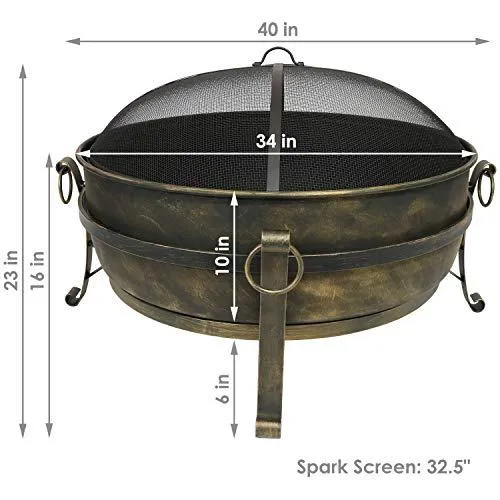 Sunnydaze Cauldron Outdoor Fire Pit - 34 Inch Large Bonfire Wood Burning Patio & Backyard Firepit for Outside with Round Spark Screen, Fireplace Poker, and Metal Grate