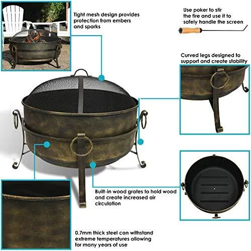 Sunnydaze Cauldron Outdoor Fire Pit - 34 Inch Large Bonfire Wood Burning Patio & Backyard Firepit for Outside with Round Spark Screen, Fireplace Poker, and Metal Grate