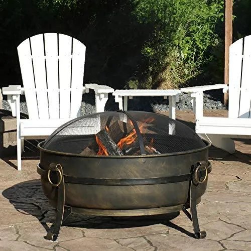 Sunnydaze Cauldron Outdoor Fire Pit - 34 Inch Large Bonfire Wood Burning Patio & Backyard Firepit for Outside with Round Spark Screen, Fireplace Poker, and Metal Grate