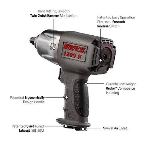 NitroCat 1200-K 1/2-Inch Kevlar Composite Air Impact Wrench With Twin Clutch Mechanism
