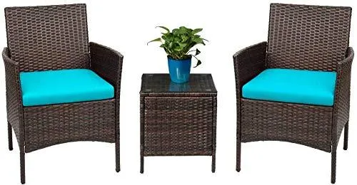 Devoko Patio Porch Furniture Sets 3 Pieces PE Rattan Wicker Chairs with Table Outdoor Garden Furniture Sets (Brown/Blue)