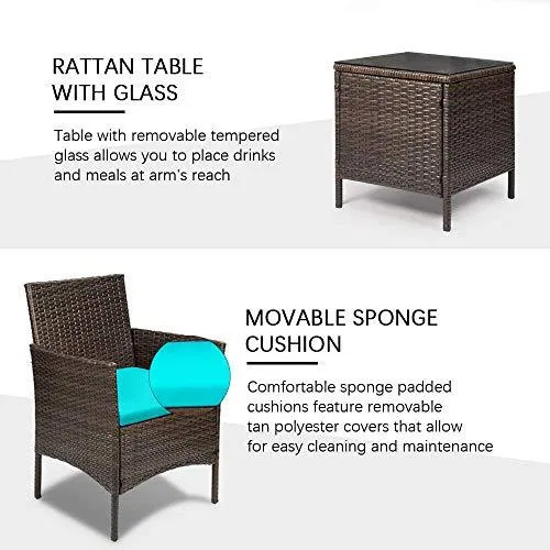 Devoko Patio Porch Furniture Sets 3 Pieces PE Rattan Wicker Chairs with Table Outdoor Garden Furniture Sets (Brown/Blue)