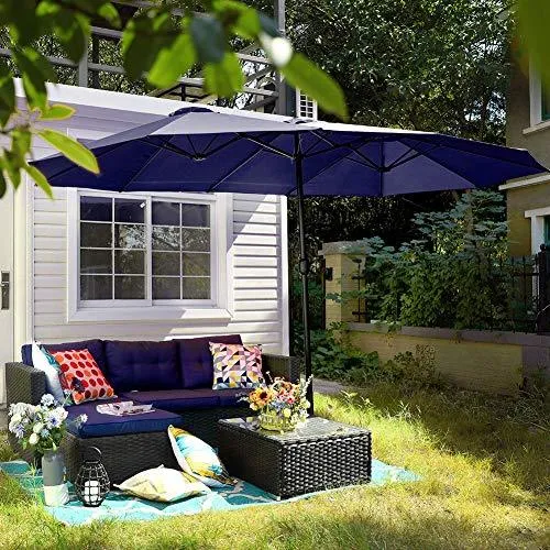 PHI VILLA 15ft Patio Umbrella Double-Sided Outdoor Market Extra Large Umbrella with Crank, Umbrella Base Included (Blue)