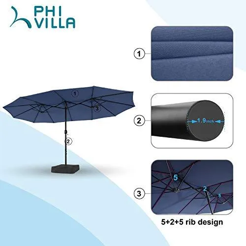 PHI VILLA 15ft Patio Umbrella Double-Sided Outdoor Market Extra Large Umbrella with Crank, Umbrella Base Included (Blue)