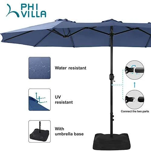 PHI VILLA 15ft Patio Umbrella Double-Sided Outdoor Market Extra Large Umbrella with Crank, Umbrella Base Included (Blue)