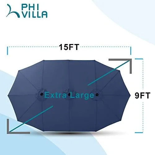 PHI VILLA 15ft Patio Umbrella Double-Sided Outdoor Market Extra Large Umbrella with Crank, Umbrella Base Included (Blue)