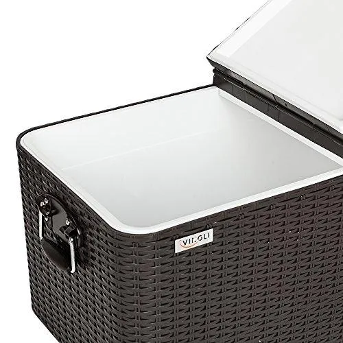 VINGLI 80 Quart Rolling Ice Chest on Wheels, Portable Patio Party Bar Drink Cooler Cart, Wicker PP Rattan with Shelf, Beverage Pool with Bottle Opener and Rolling Cover