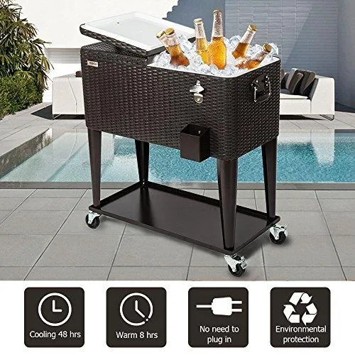 VINGLI 80 Quart Rolling Ice Chest on Wheels, Portable Patio Party Bar Drink Cooler Cart, Wicker PP Rattan with Shelf, Beverage Pool with Bottle Opener and Rolling Cover