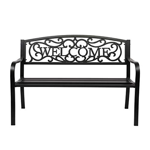 VINGLI 50" Patio Outdoor Metal Welcome Bench,Powder Coated Cast Iron Steel for Garden Path Yard Lawn Work Entryway Decor Deck, Black